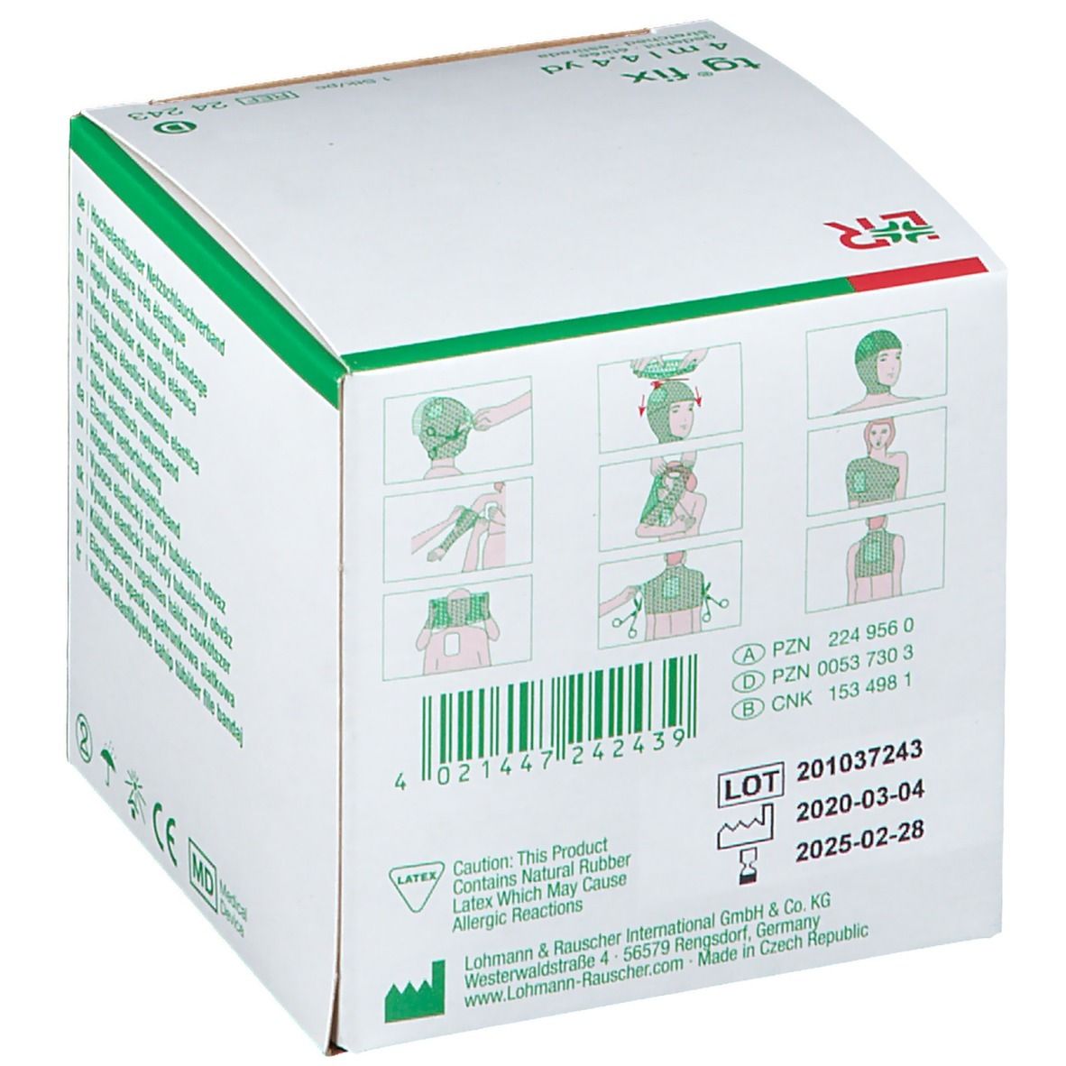 Dos de l'emballage en carton avec exemples d'application et informations sur le lot. Contient du latex, peut provoquer des allergies.