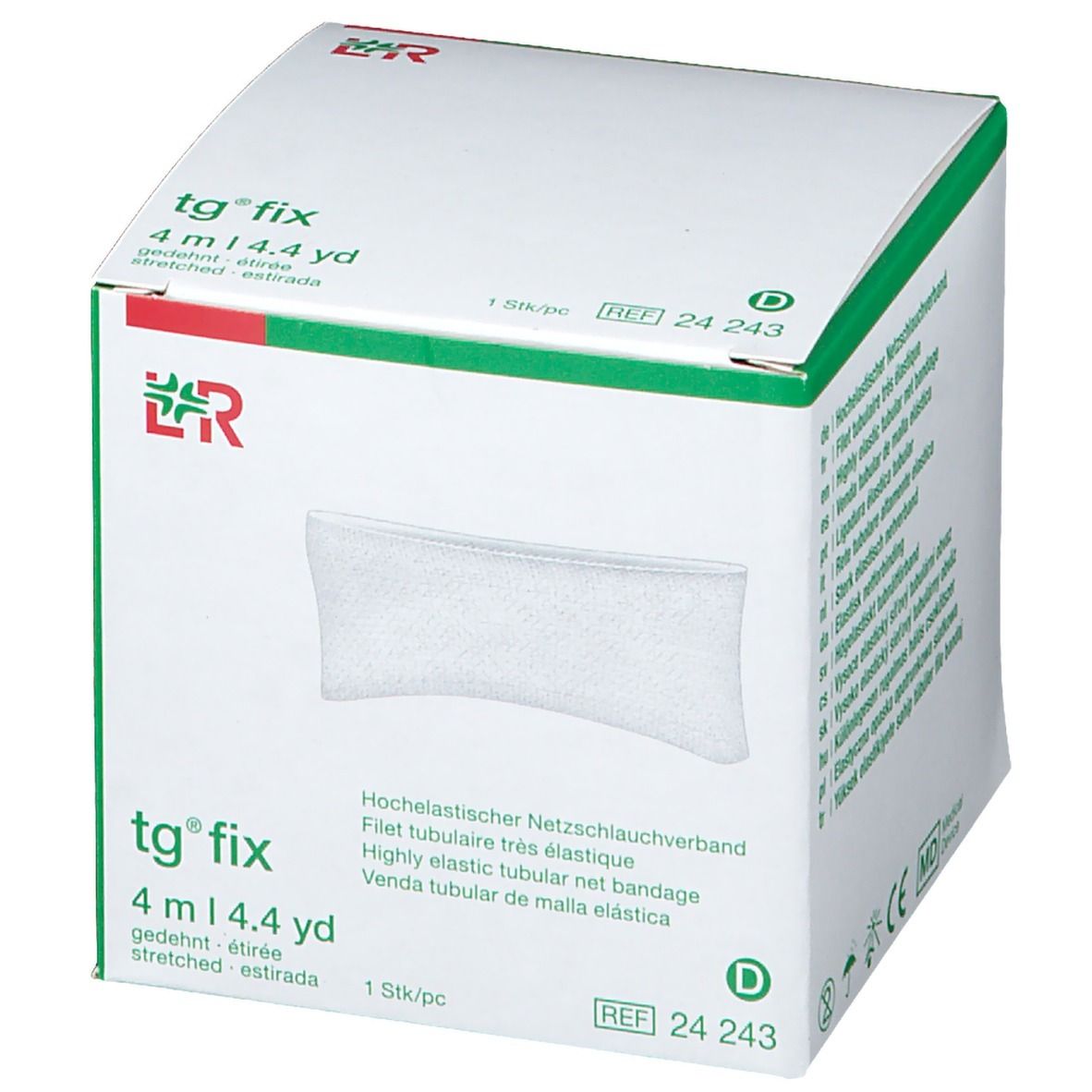 Emballage en carton avec illustration du produit. Le produit est une bande tubulaire élastique blanche.