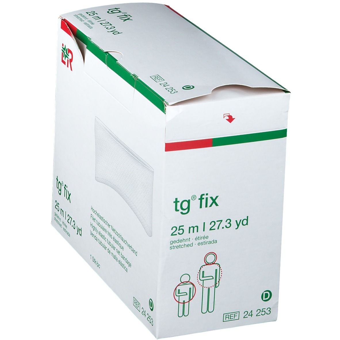 Emballage de bandage tg® fix. Boîte avec image du produit et informations. Illustrations d'utilisation. 25 m | 27.3 yd.
