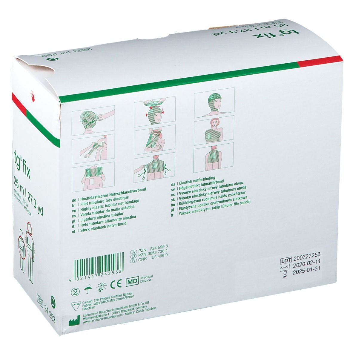 Dos de l'emballage tg® fix. Informations produit, exemples d'utilisation, coordonnées fabricant et certifications.