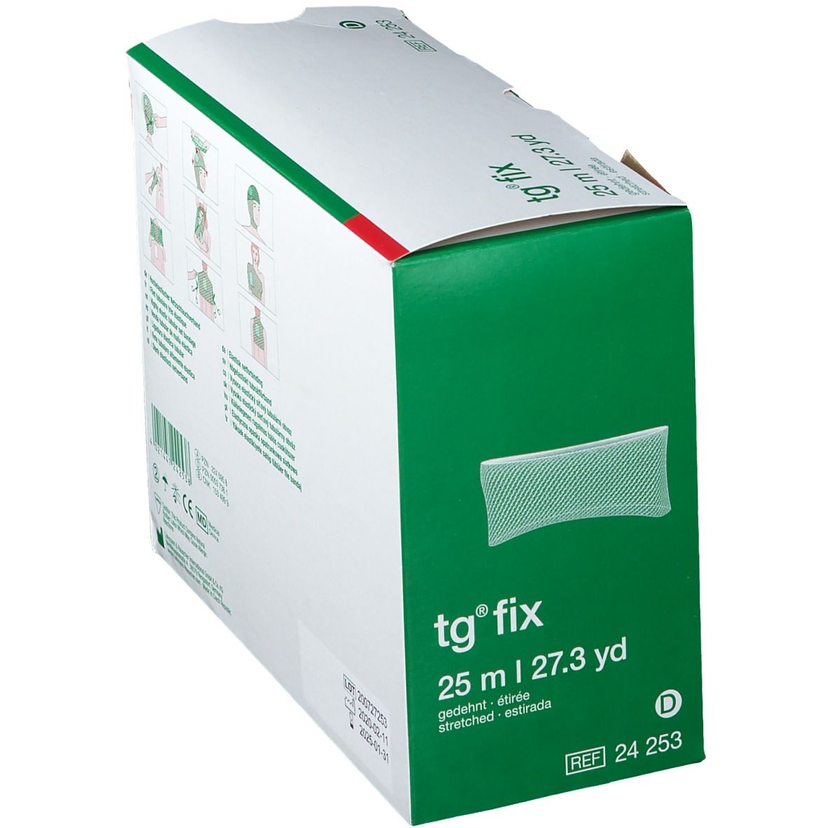 Emballage de bandage tg® fix. Boîte avec image du produit et informations. Couleurs verte et blanche. 25 m | 27.3 yd.