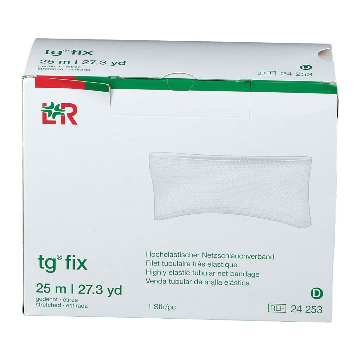 Emballage de bandage tg® fix. Bande de filet blanche, boîte verte et blanche avec informations. 25 m | 27.3 yd.