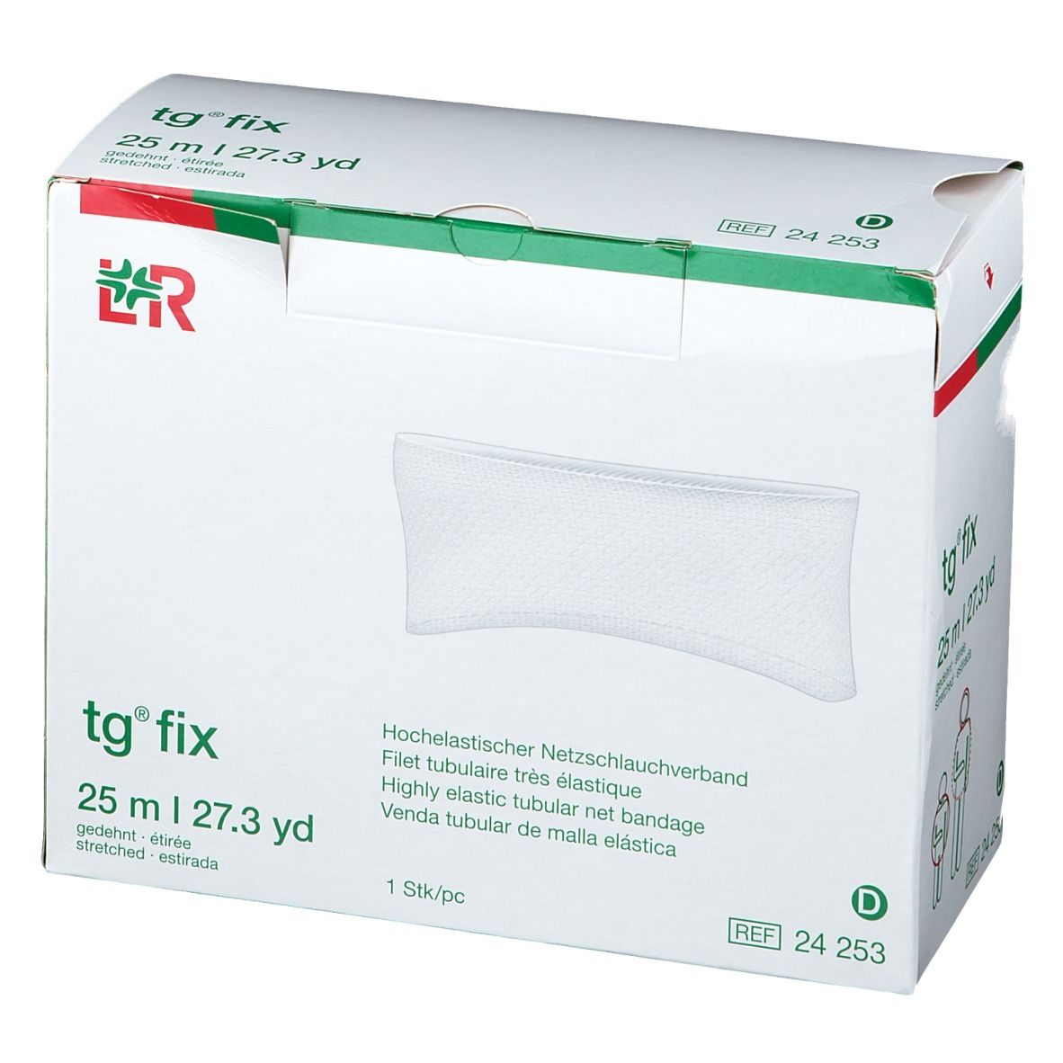 Emballage de bandage tg® fix. Boîte avec image du produit et informations. Couleurs verte et blanche. 25 m | 27.3 yd.