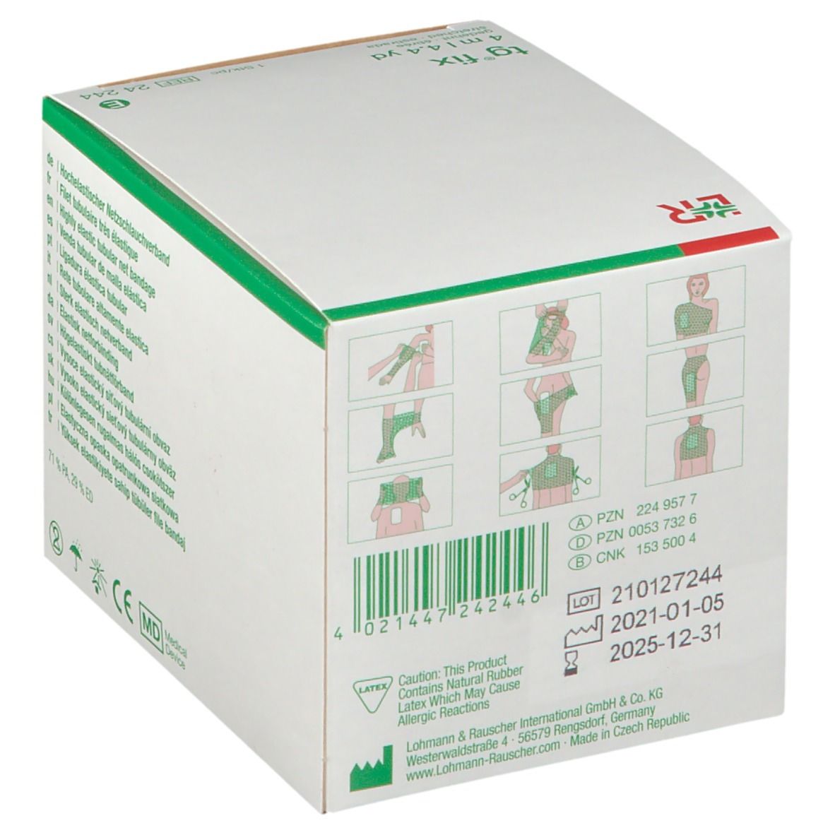 Emballage tg® fix. Dos avec exemples d'application. Dispositif médical. Boîte avec surfaces vertes et blanches.