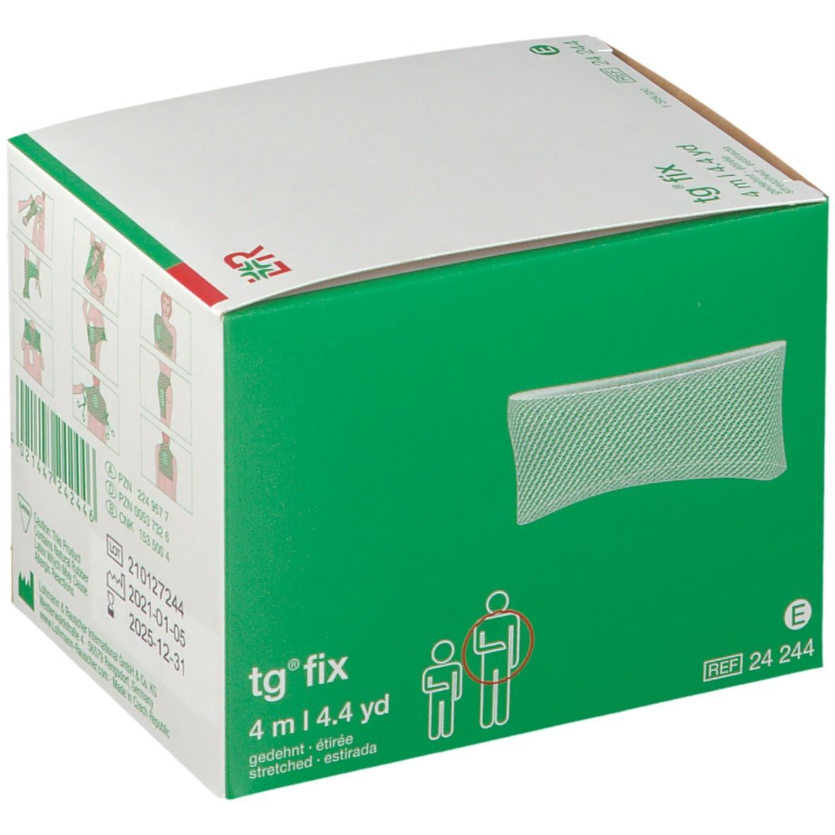 tg® fix, 4 m, en boîte. Boîte verte et blanche avec image du produit. Bandage tubulaire en filet très élastique.