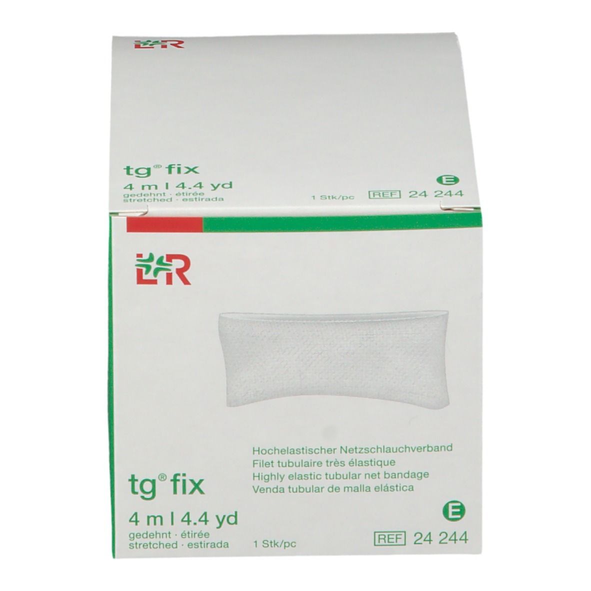 tg® fix, 4 m, en boîte. Boîte verte et blanche avec image du produit. Bandage tubulaire en filet très élastique.
