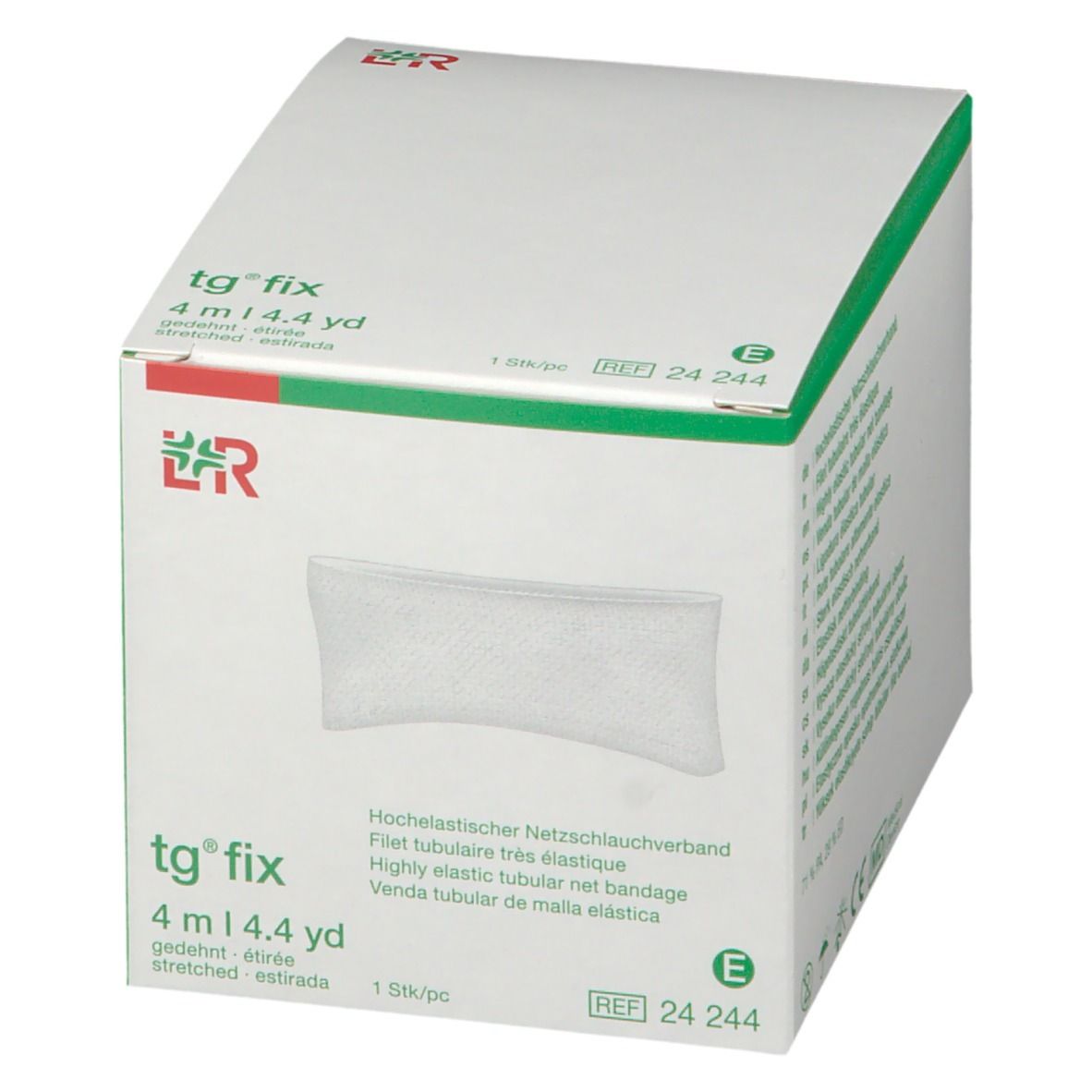 tg® fix, 4 m, en boîte. Boîte verte et blanche avec image du produit. Bandage tubulaire en filet très élastique.
