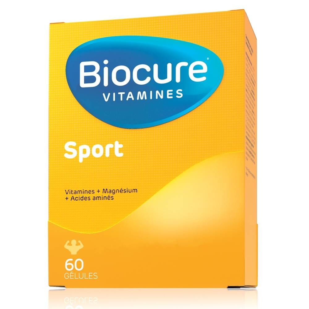 Boîte jaune Biocure Sport. Contient 60 gélules. Logo ovale bleu "Biocure Vitamines".