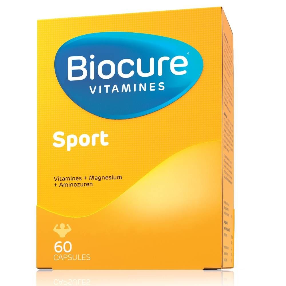 Boîte jaune Biocure Sport. Contient 60 gélules. Logo ovale bleu "Biocure Vitamines".