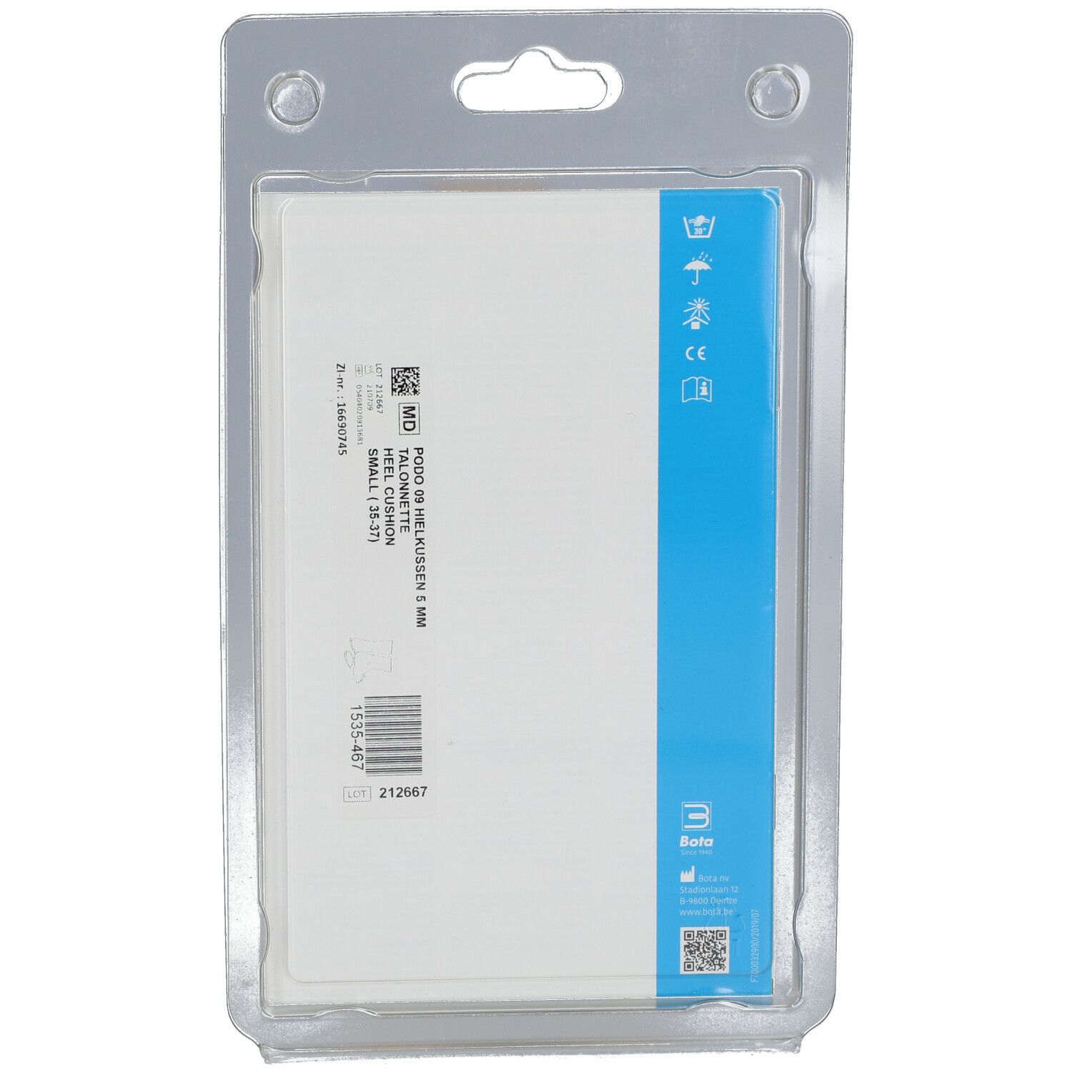Achterkant van de blisterverpakking. Blauwe kaart met productinformatie en barcode. Tekst: "PODO 59 MD, Hielkussen 5 MM".