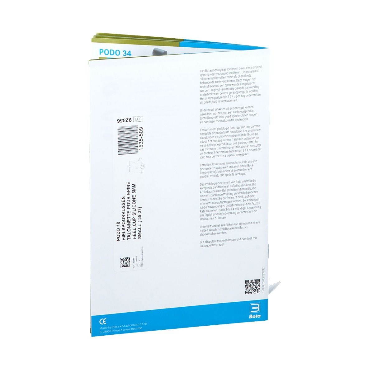 Emballage avec informations sur le produit. Texte en plusieurs langues. Code-barres et logo.