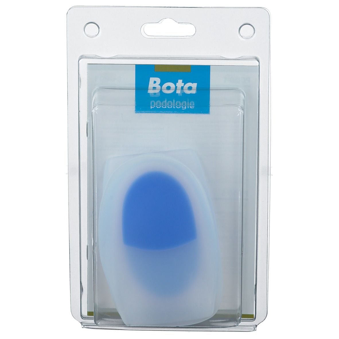 Coussinet de talon Bota, gel bleu dans un boîtier transparent. Emballé dans un blister avec logo de la marque.