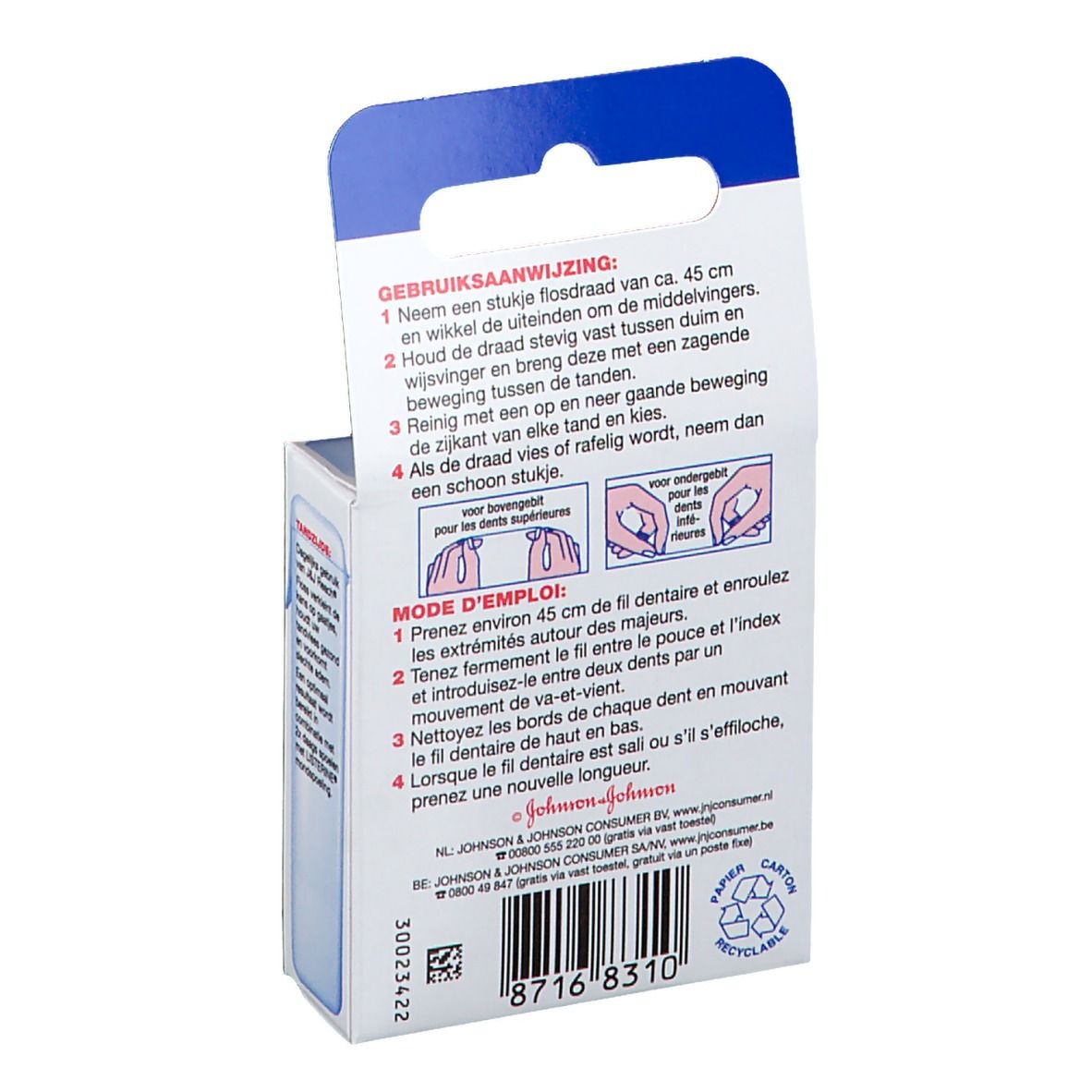 Rückseite der Zahnseide-Box mit Gebrauchsanweisung und Piktogrammen. Text in Niederländisch. Papier- und Karton-Recycling-Logo.