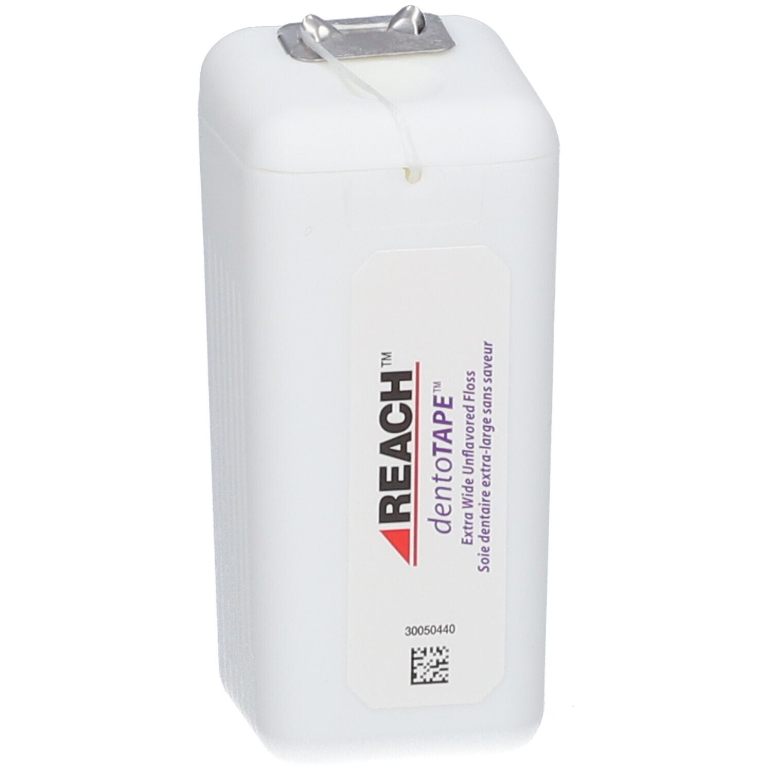 Weißer Behälter mit Zahnseide. Aufkleber mit "REACH dentotape", Text und Barcode. Metall-Öffnung.