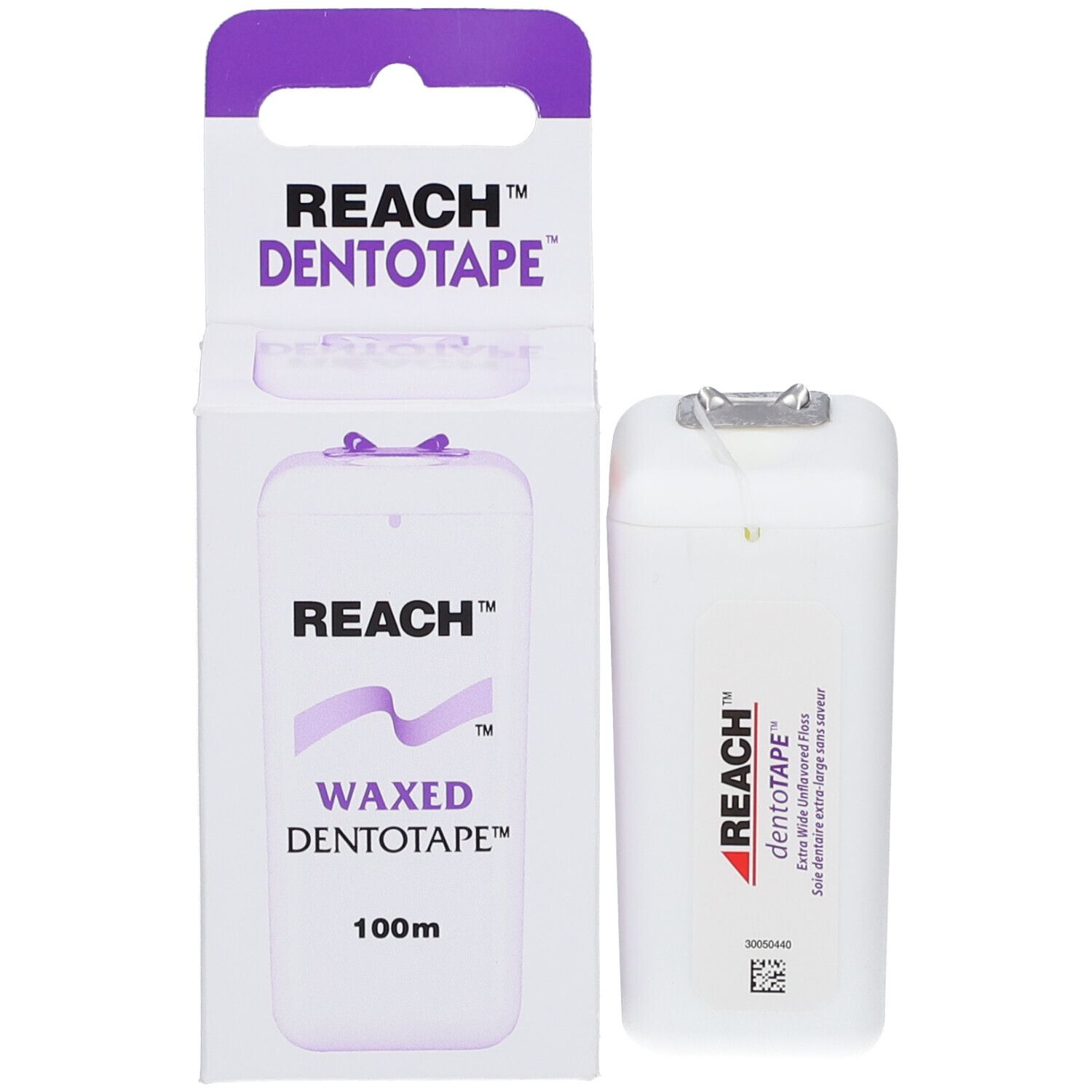 Produktverpackung mit "REACH DENTOTAPE". Box mit Produktabbildung und Text. 100m.
