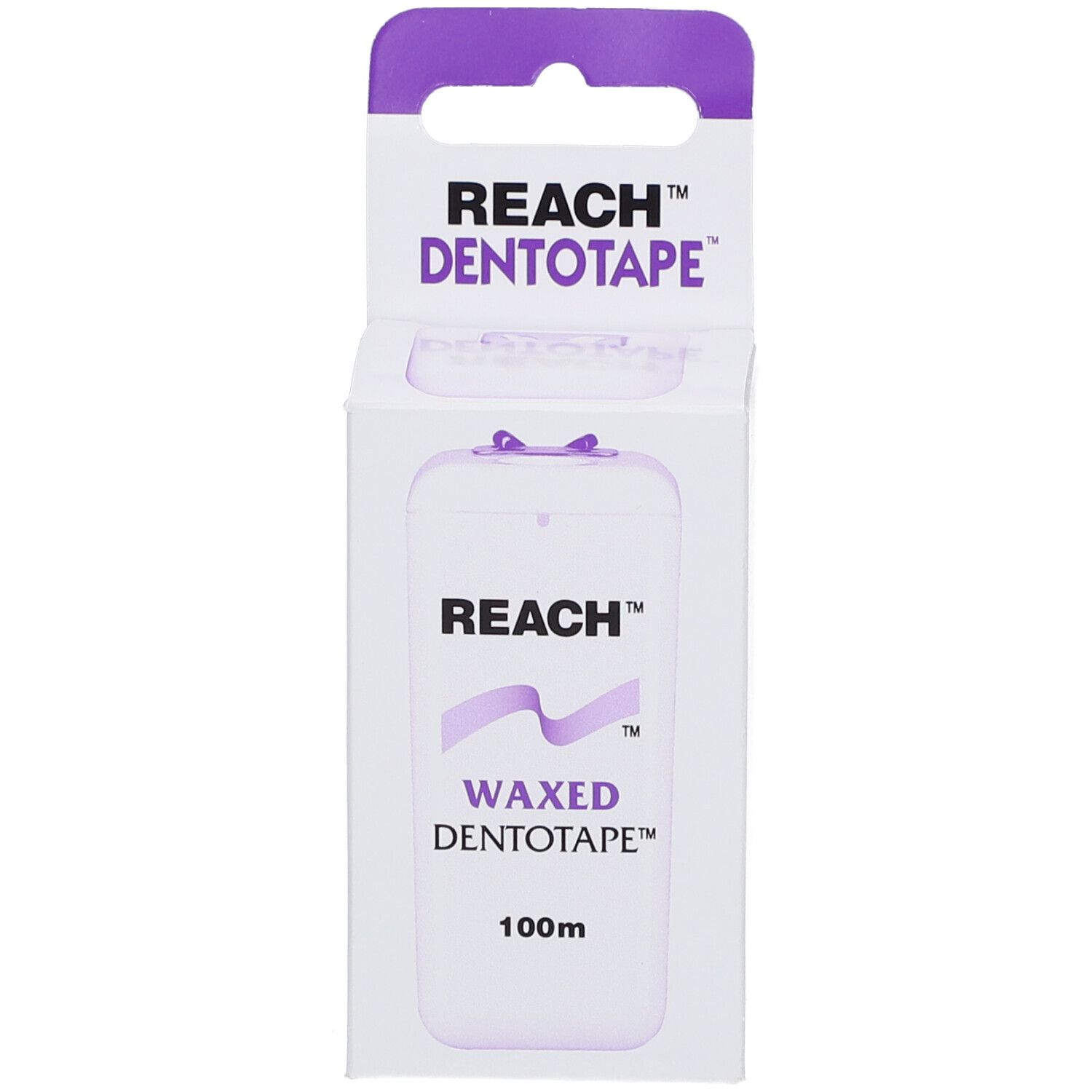 Produktverpackung mit "REACH DENTOTAPE". Box mit Produktabbildung und Text. 100m.