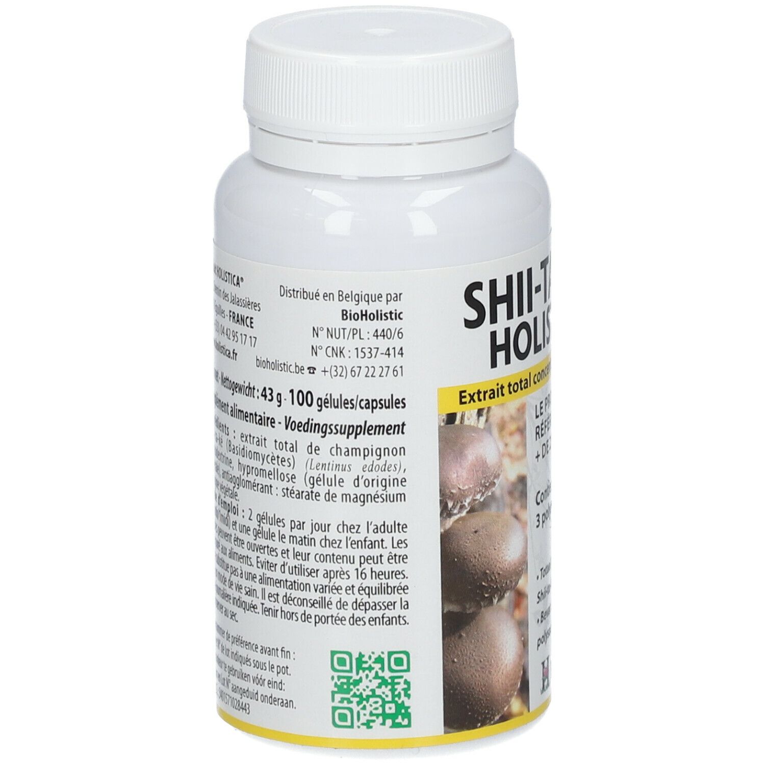 Witte fles met SHII-TA-KER HOLISTICA®-label. Bevat geconcentreerd shiitake-extract. Tekst in het Frans en Nederlands.