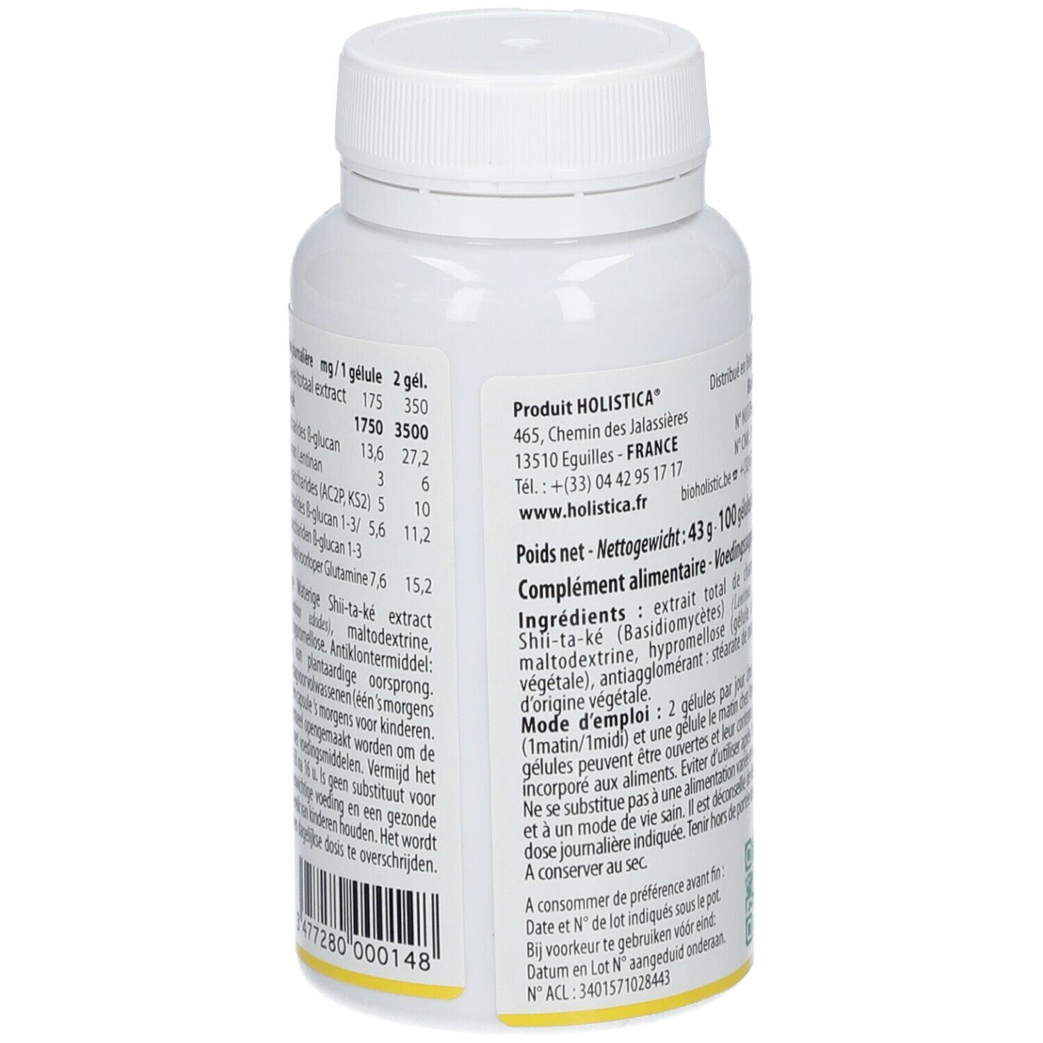 Witte fles met SHII-TA-KER HOLISTICA®-label. Bevat geconcentreerd shiitake-extract. Tekst in het Frans en Nederlands.
