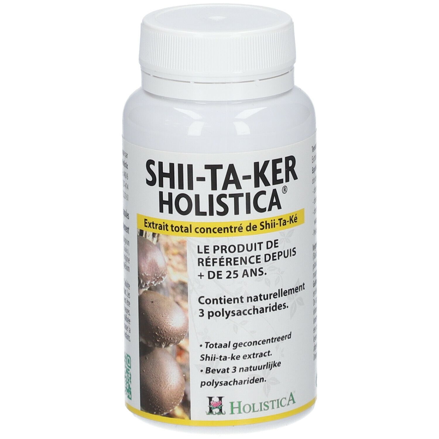Witte fles met SHII-TA-KER HOLISTICA®-label. Bevat geconcentreerd shiitake-extract. Tekst in het Frans en Nederlands.