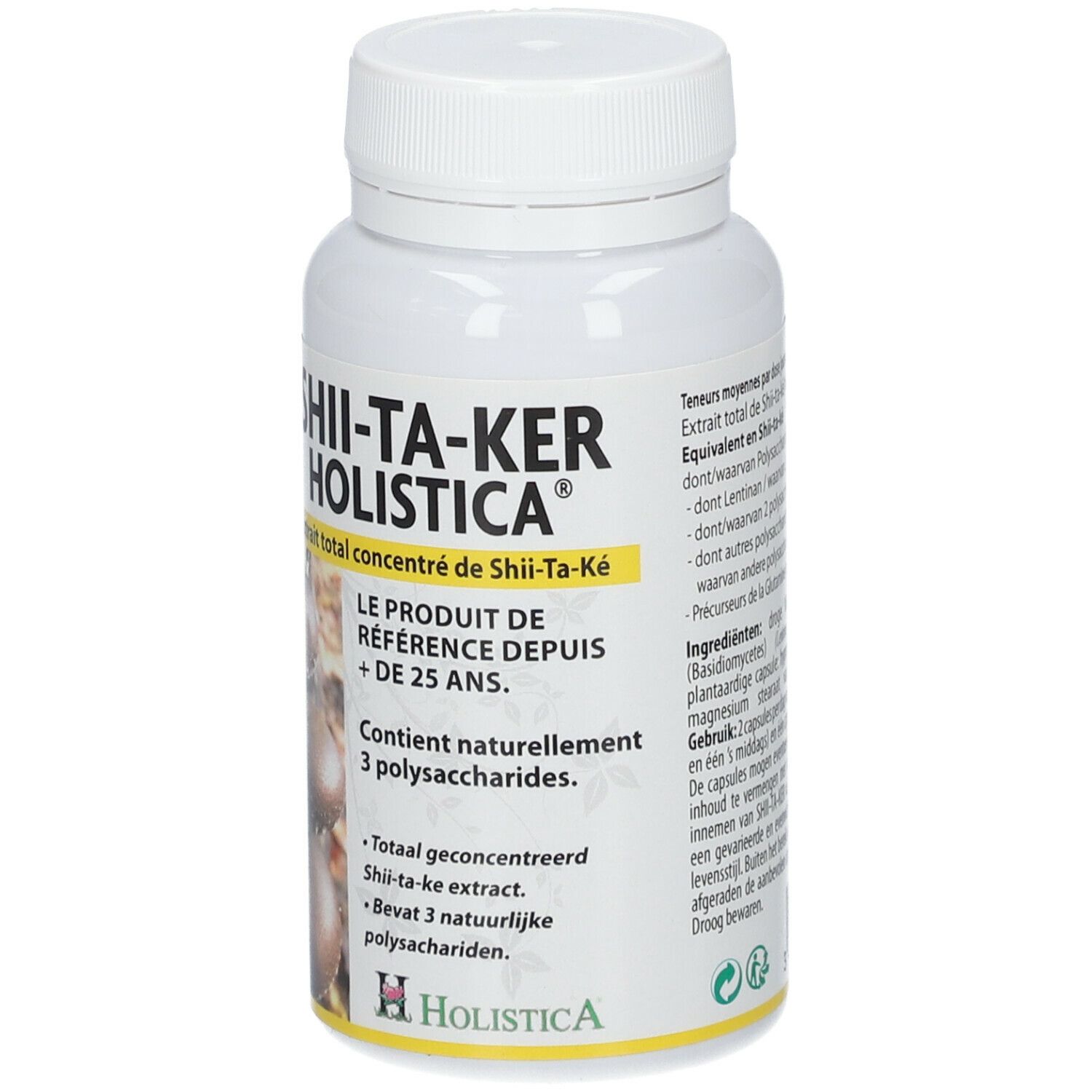 Witte fles met SHII-TA-KER HOLISTICA®-label. Bevat geconcentreerd shiitake-extract. Tekst in het Frans en Nederlands.