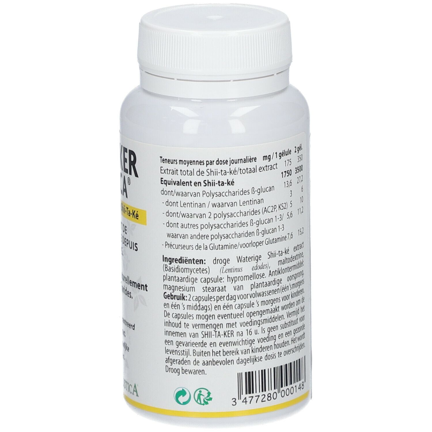 Witte fles met SHII-TA-KER HOLISTICA®-label. Bevat geconcentreerd shiitake-extract. Tekst in het Frans en Nederlands.