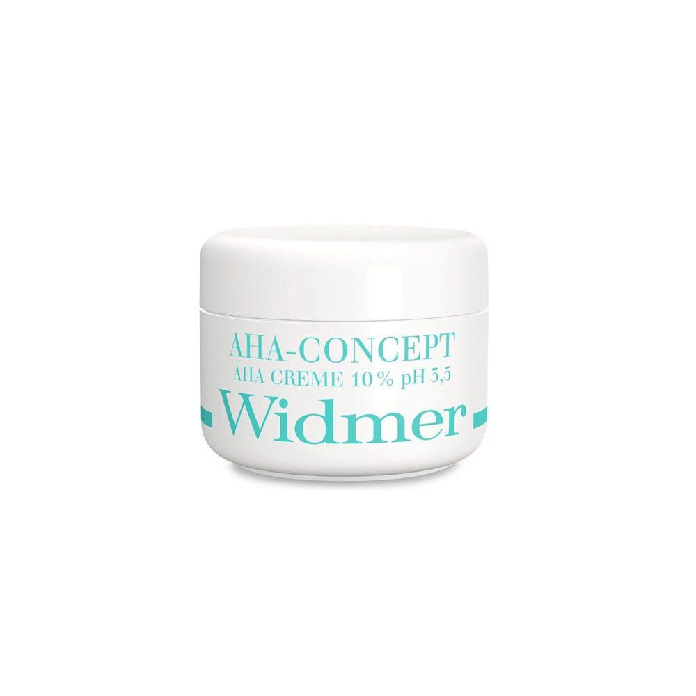 Pot blanc avec inscription AHA-CONCEPT, AHA CREME 10% pH 3,5 et Widmer en turquoise. Couvercle arrondi.