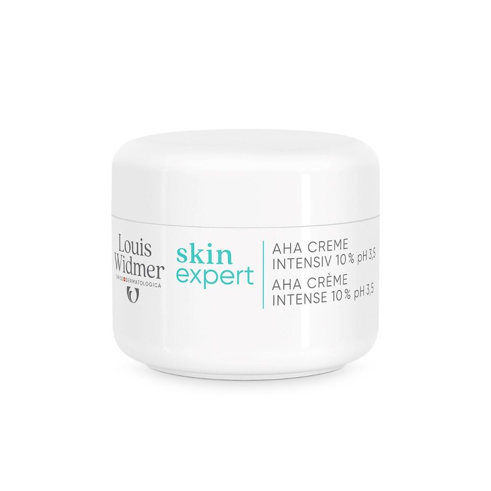 Pot blanc avec inscription Louis Widmer skin expert, AHA CREME INTENSIV 10% pH 3.5 et AHA CREME INTENSE 10% pH 3.5.