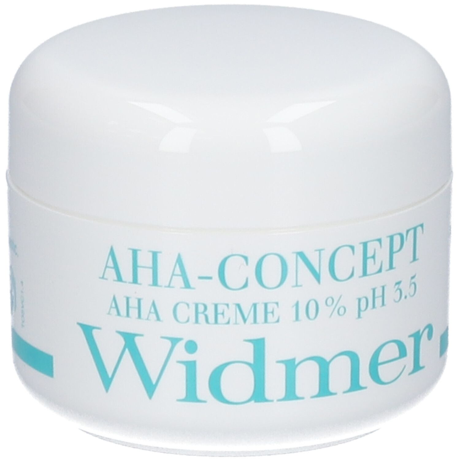 Pot blanc avec inscription AHA-CONCEPT AHA CREME 10% pH 3.5 et Widmer en turquoise. Forme du couvercle.