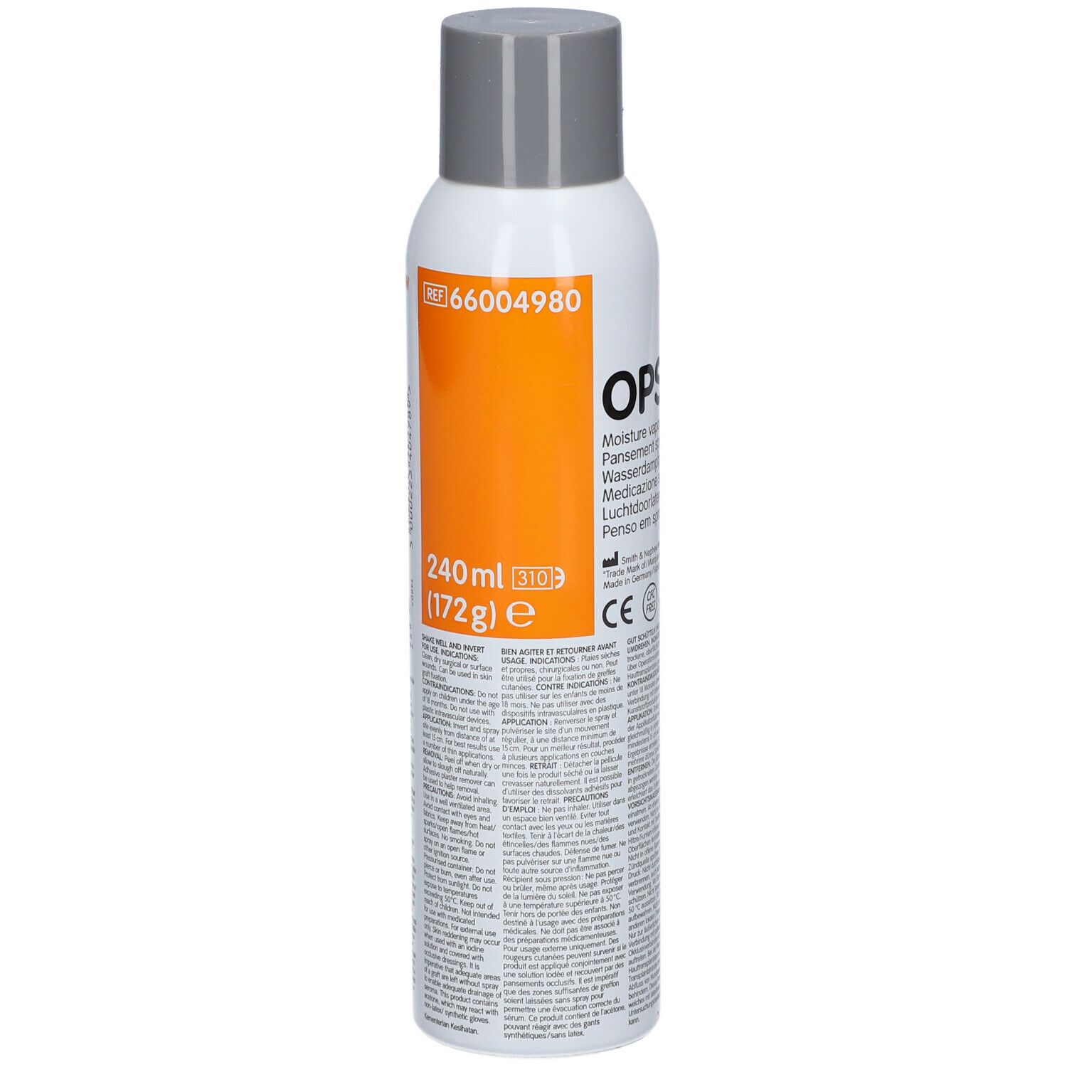 OPSITE pansement spray. Flacon blanc, bouchon gris. Bande orange avec volume: 240 ml (172g). Texte en anglais.