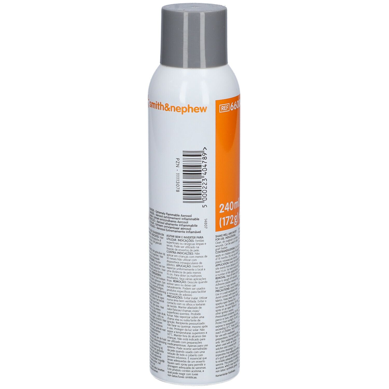 OPSITE pansement spray. Flacon blanc, bouchon gris. Imprimé: Smith & Nephew. Code-barres et numéro de lot. Bande orange avec volume.