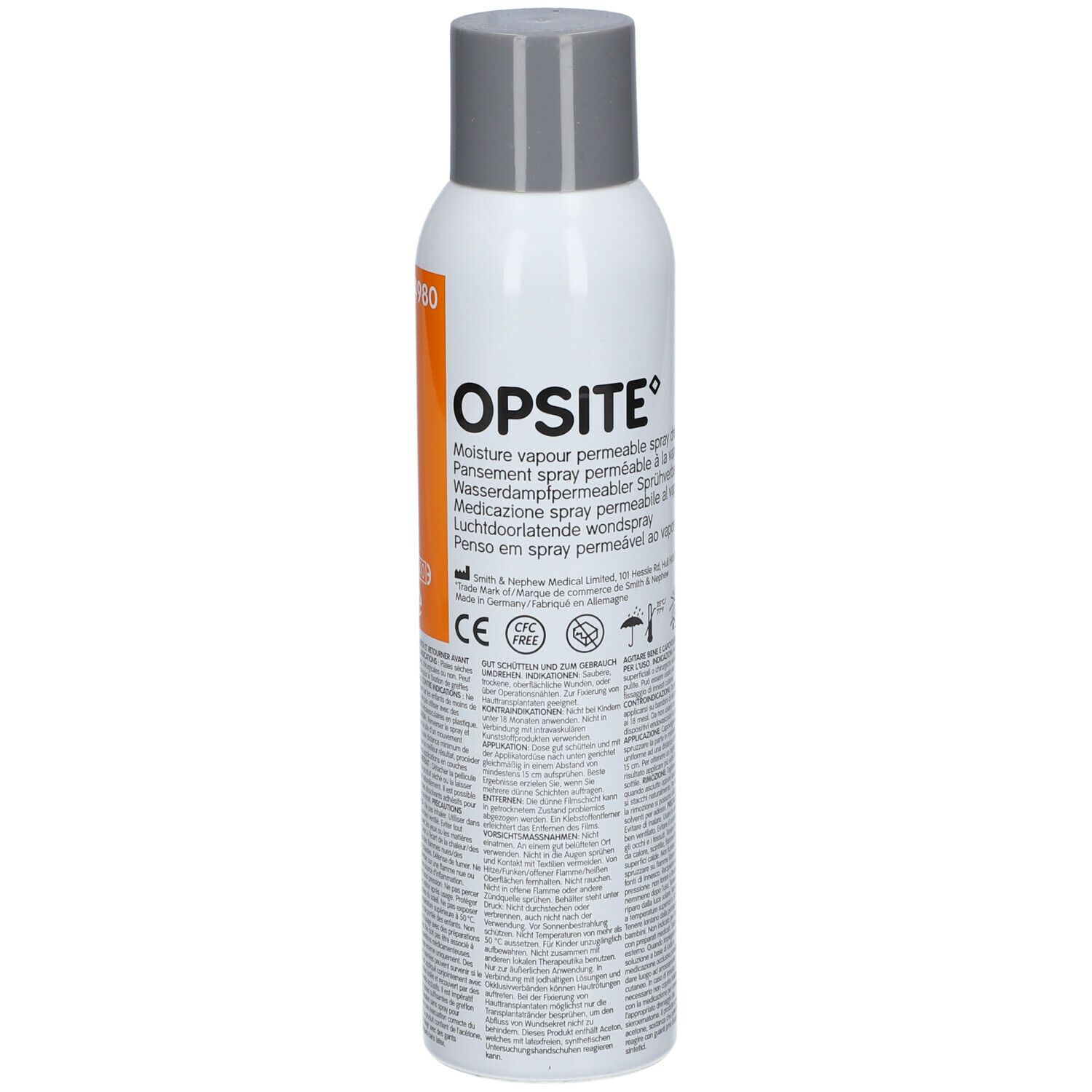 OPSITE pansement spray. Flacon blanc, bouchon gris. Bande orange avec informations produit. Texte: Moisture vapour permeable spray dressing.