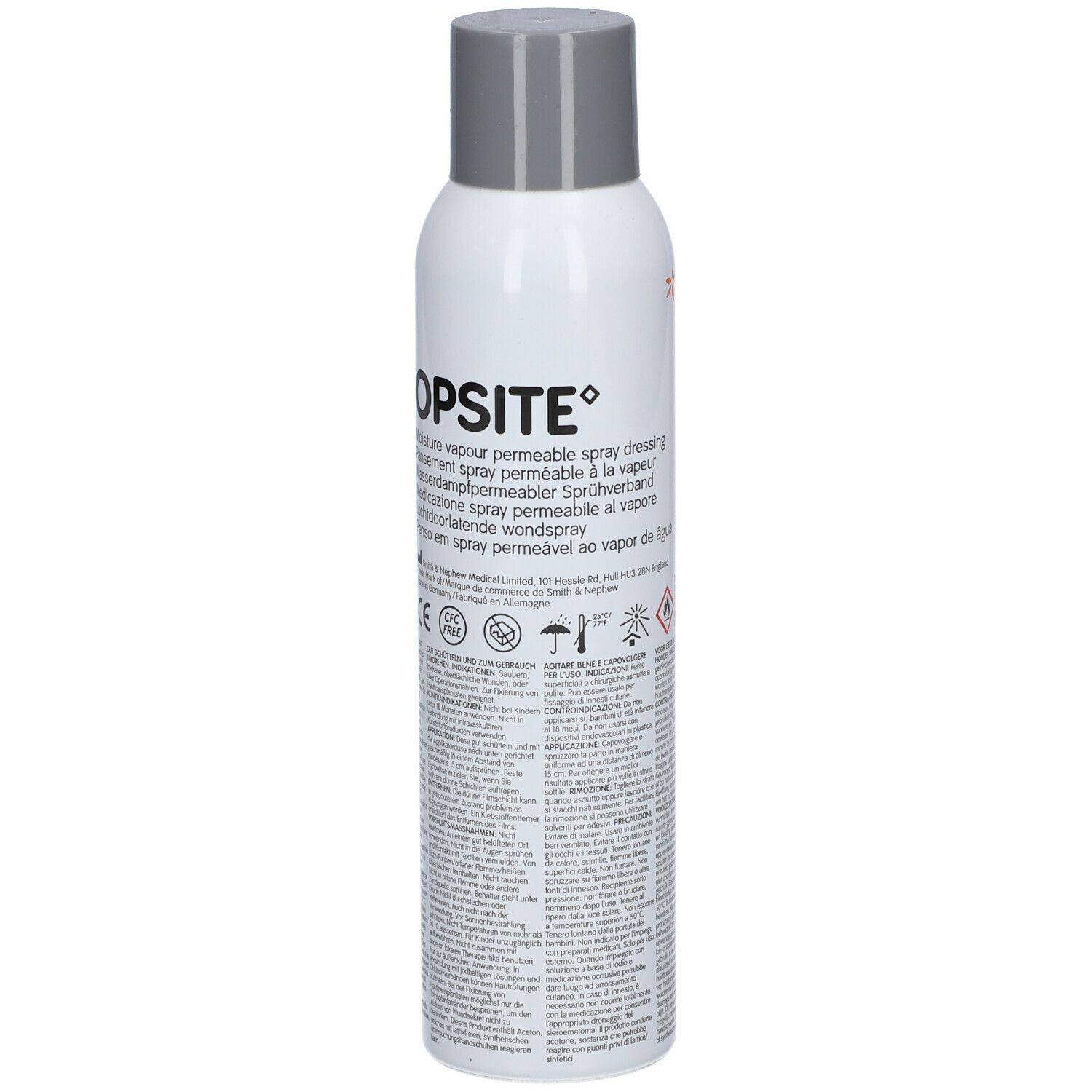 OPSITE pansement spray. Flacon blanc, bouchon gris. Texte: Moisture vapour permeable spray dressing. Avertissements et marquage CE.
