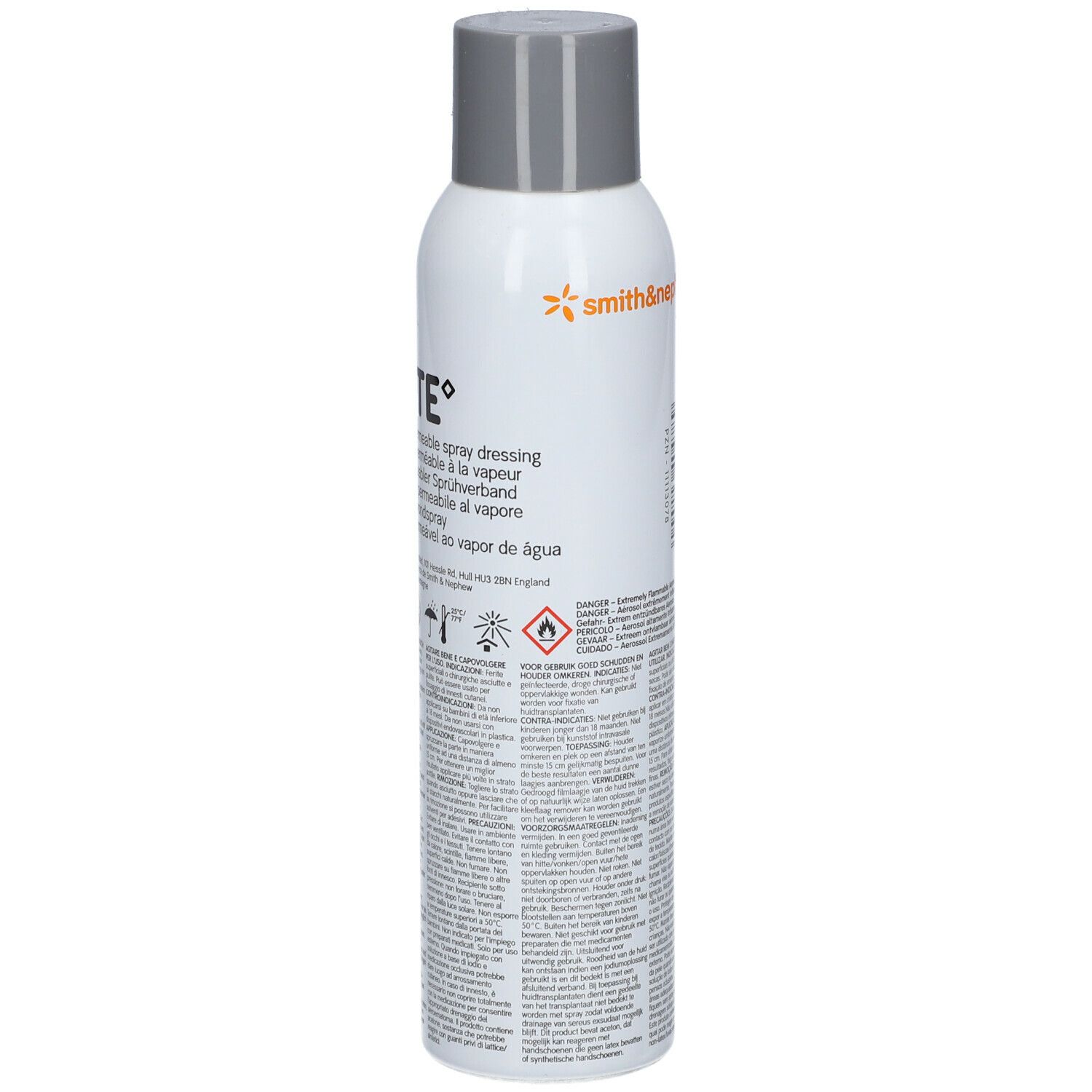 OPSITE pansement spray. Flacon blanc, bouchon gris. Imprimé: Smith & Nephew. Avertissements. Texte: Moisture vapour permeable spray dressing.