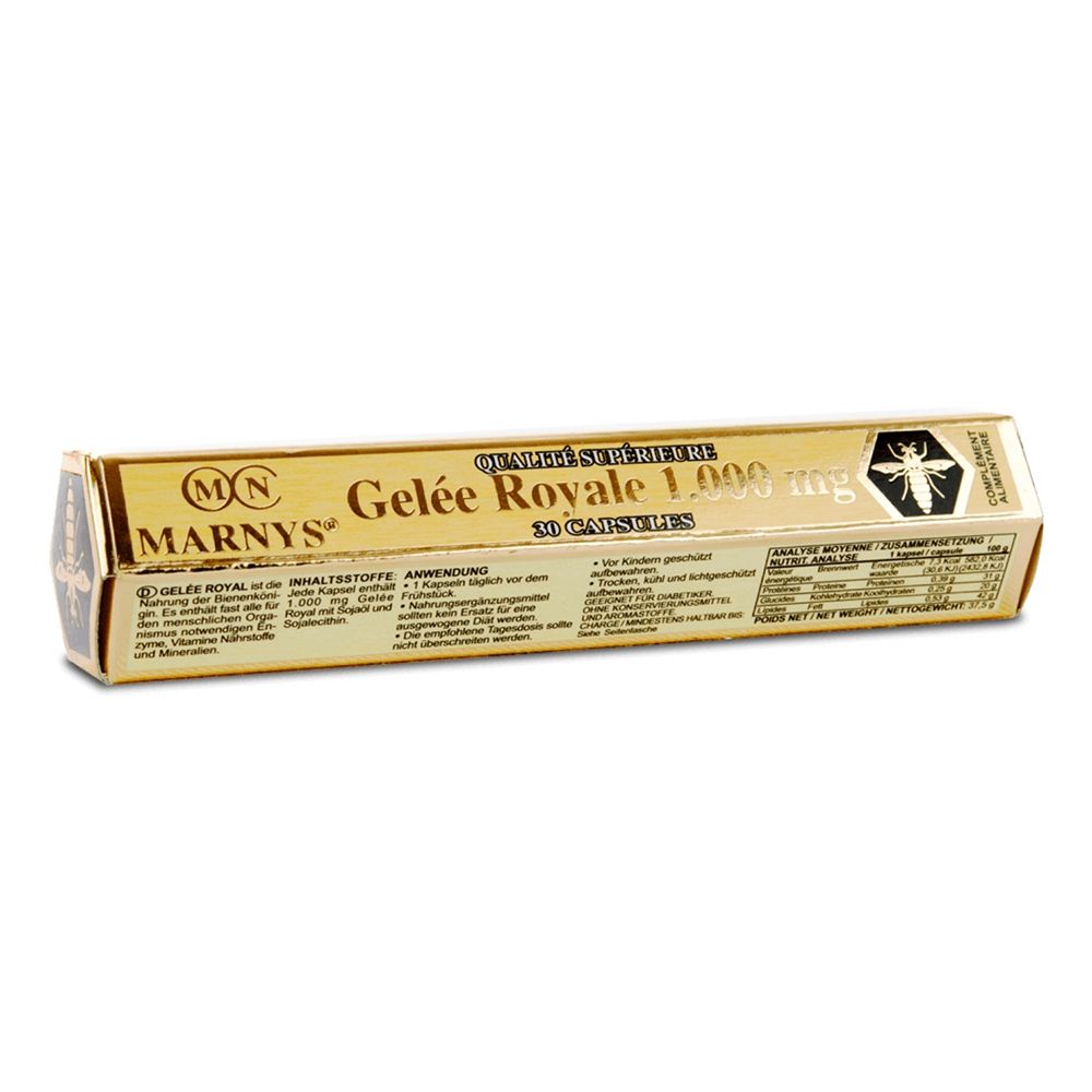 Emballage doré avec informations produit et logo. Texte: Gelée Royale 1.000 mg, 30 capsules.