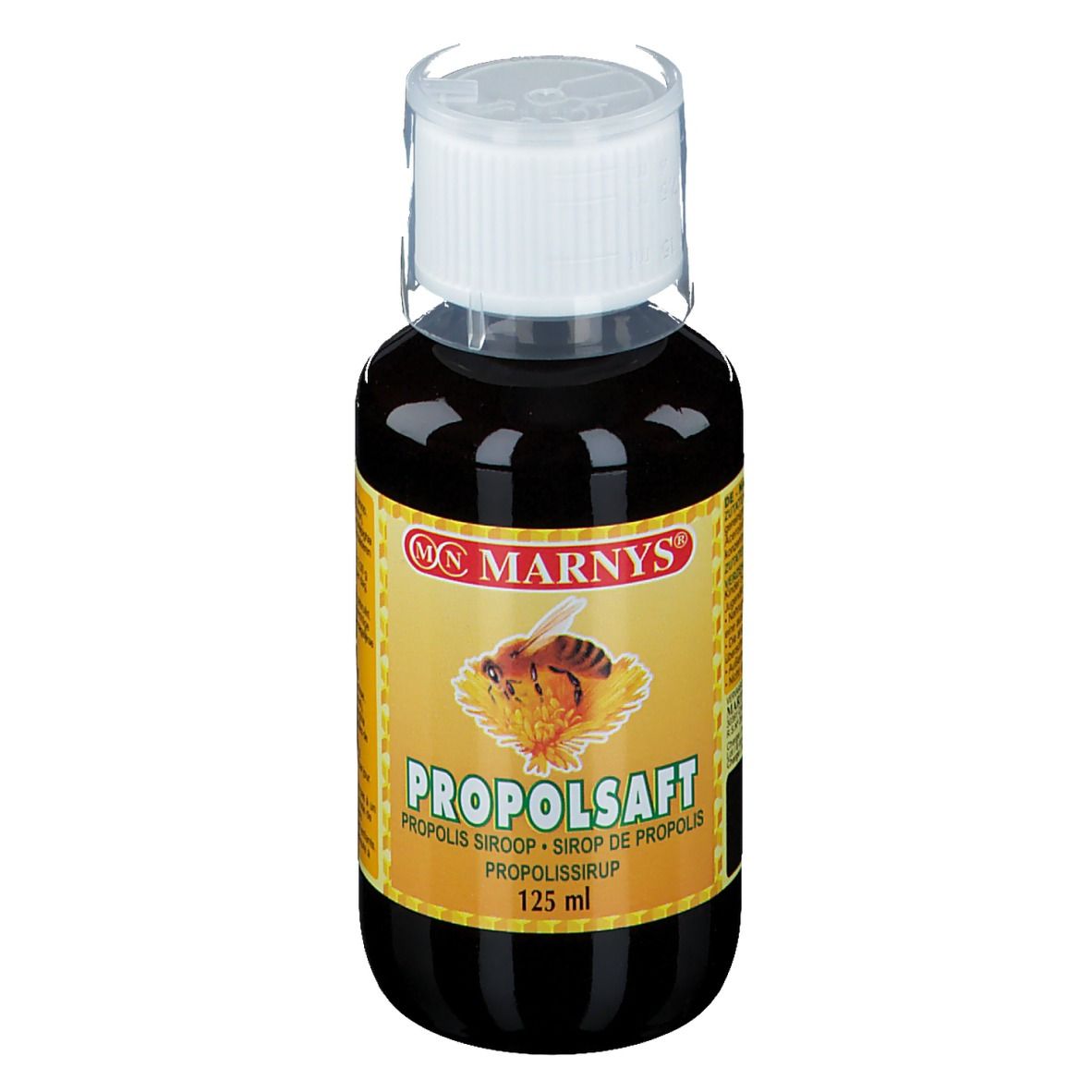Bruine vloeistof in een fles met witte dop. Etiket met productnaam en logo.