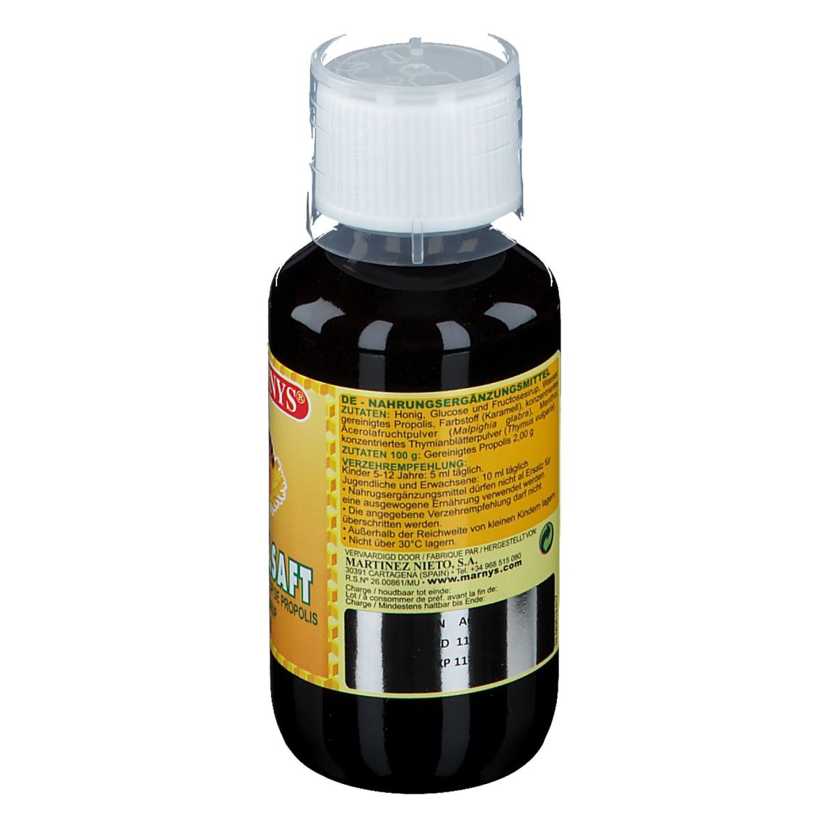 Achteraanzicht van een fles met bruine vloeistof. Etiket met productinformatie.