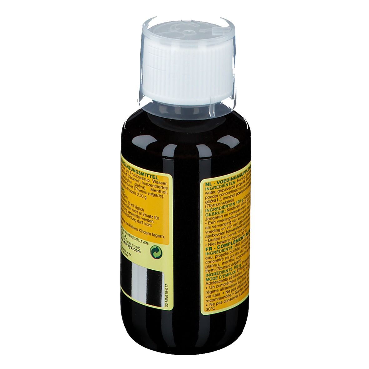 Achteraanzicht van een fles met bruine vloeistof. Etiket met productinformatie.