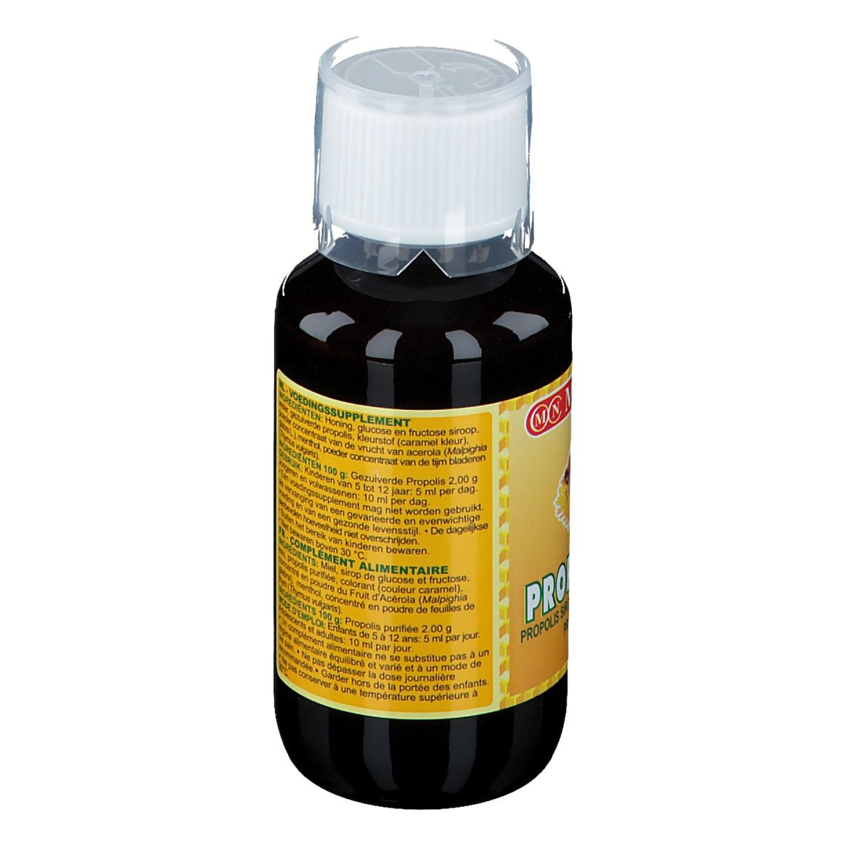 Achteraanzicht van een fles met bruine vloeistof. Etiket met productinformatie.