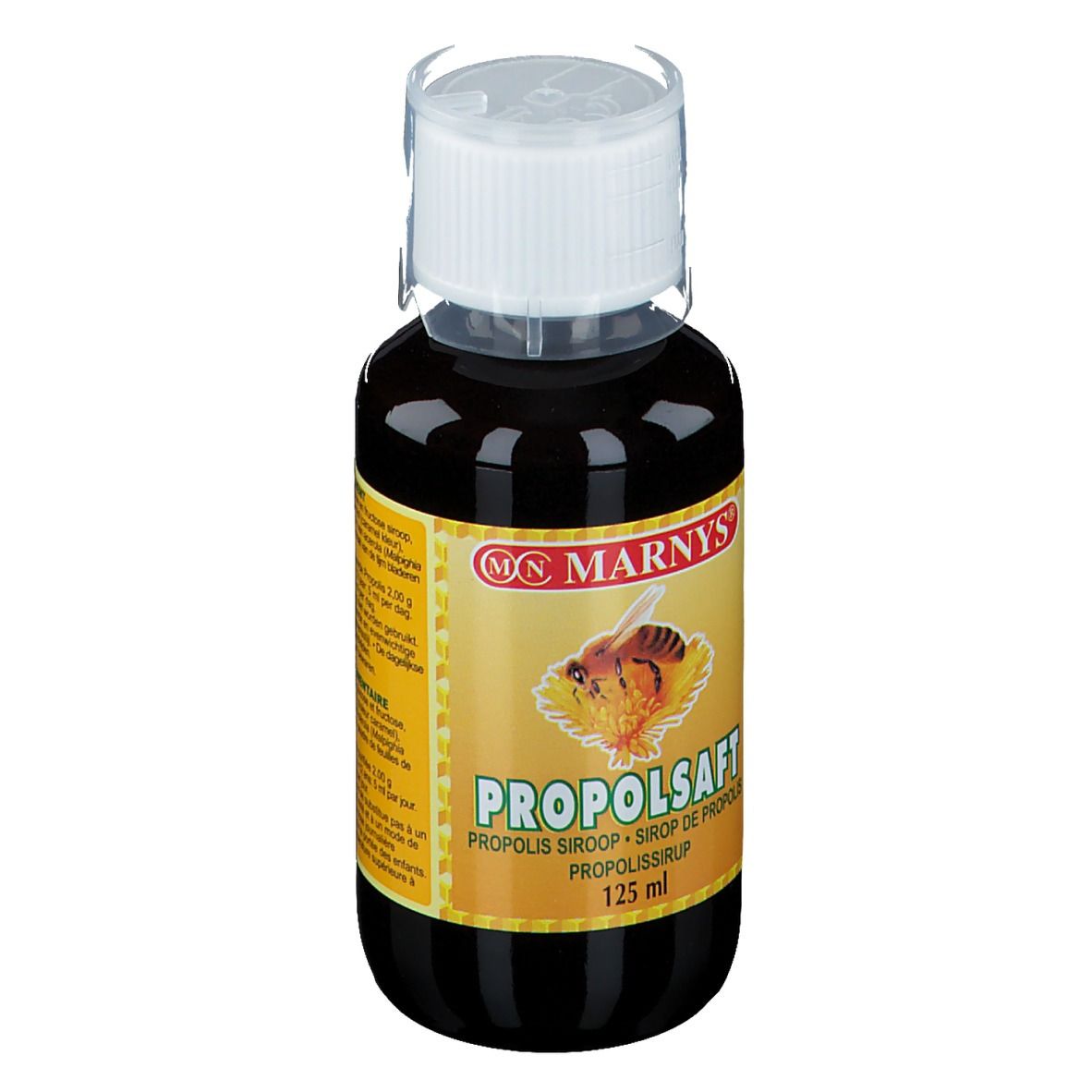 Bruine vloeistof in een fles met witte dop. Etiket met productnaam en logo.