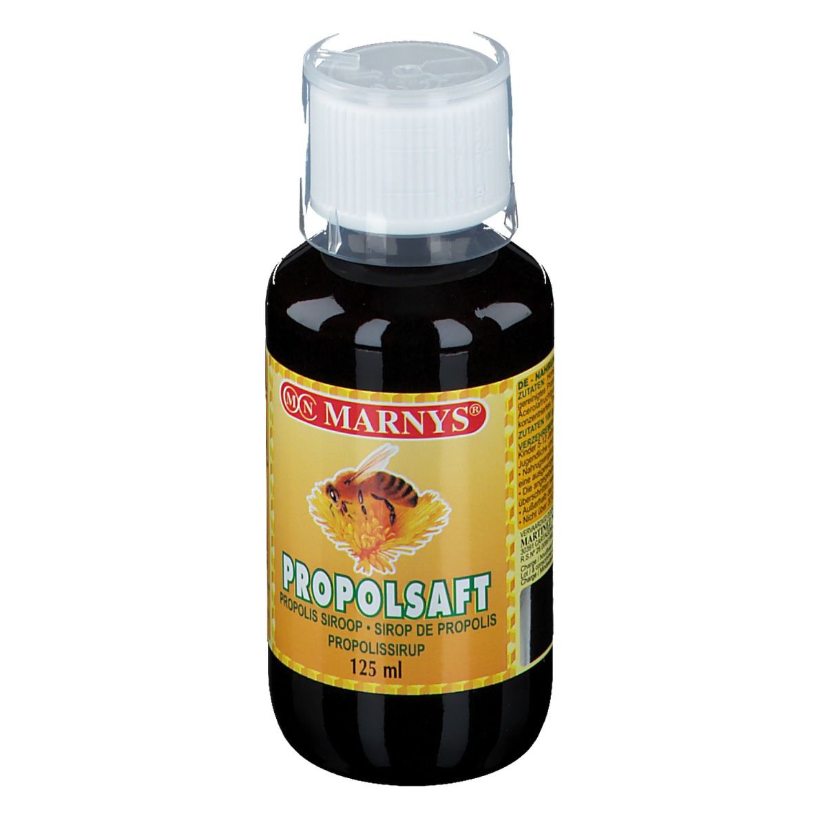 Bruine vloeistof in een fles met witte dop. Etiket met productnaam en logo.