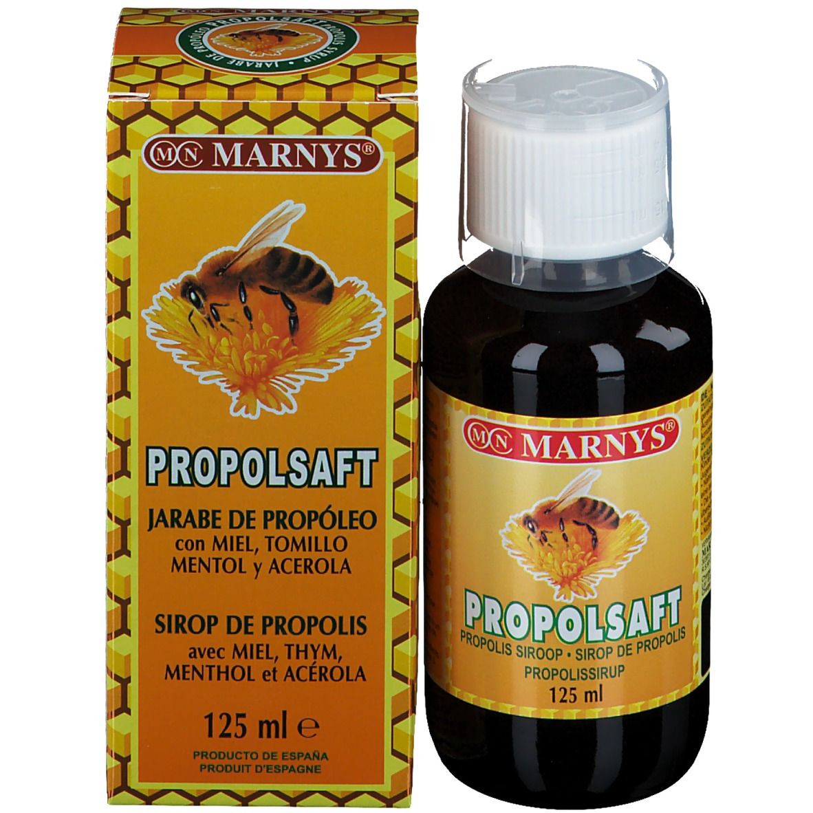 Productfles en verpakking. Bruine vloeistof, gele verpakking met logo en productnaam.