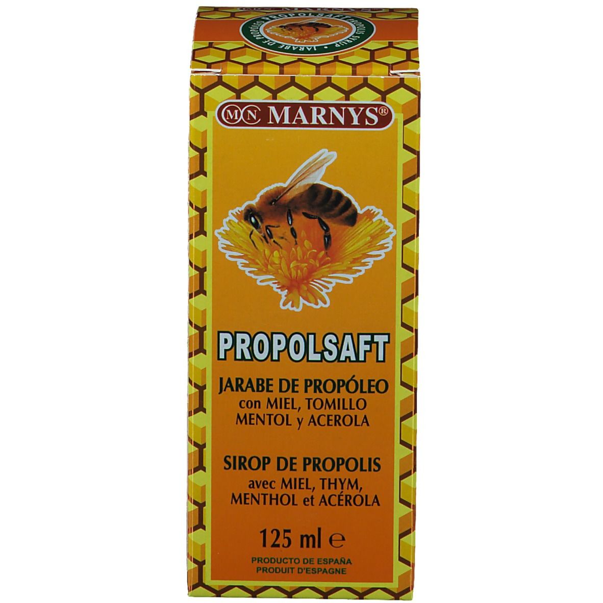 Gele verpakking met logo en productnaam. Tekst op de verpakking.