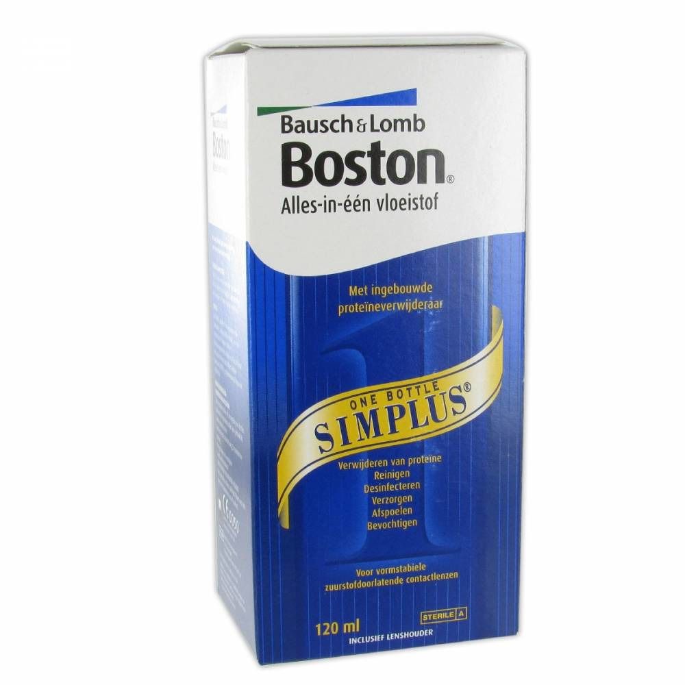 Verpackung von Boston SIMPLUS. Enthält 120 ml. Aufschrift: "ONE BOTTLE SIMPLUS".