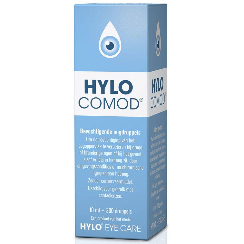 HYLO-COMOD® verpakking. Blauwe doos met oogmotief en productinformatie. Bevat 10 ml.