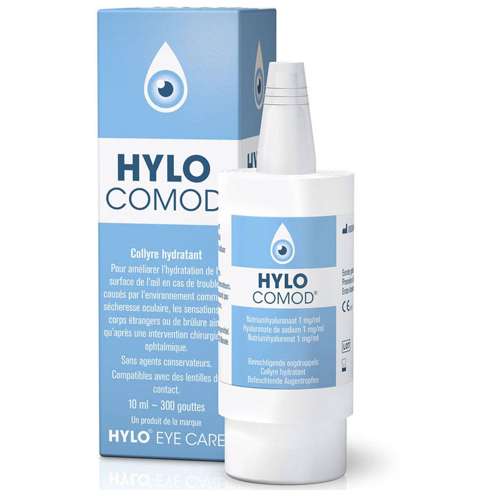 HYLO-COMOD® oogdruppels en verpakking. Witte fles, blauwe verpakking met productinfo en oogmotief.