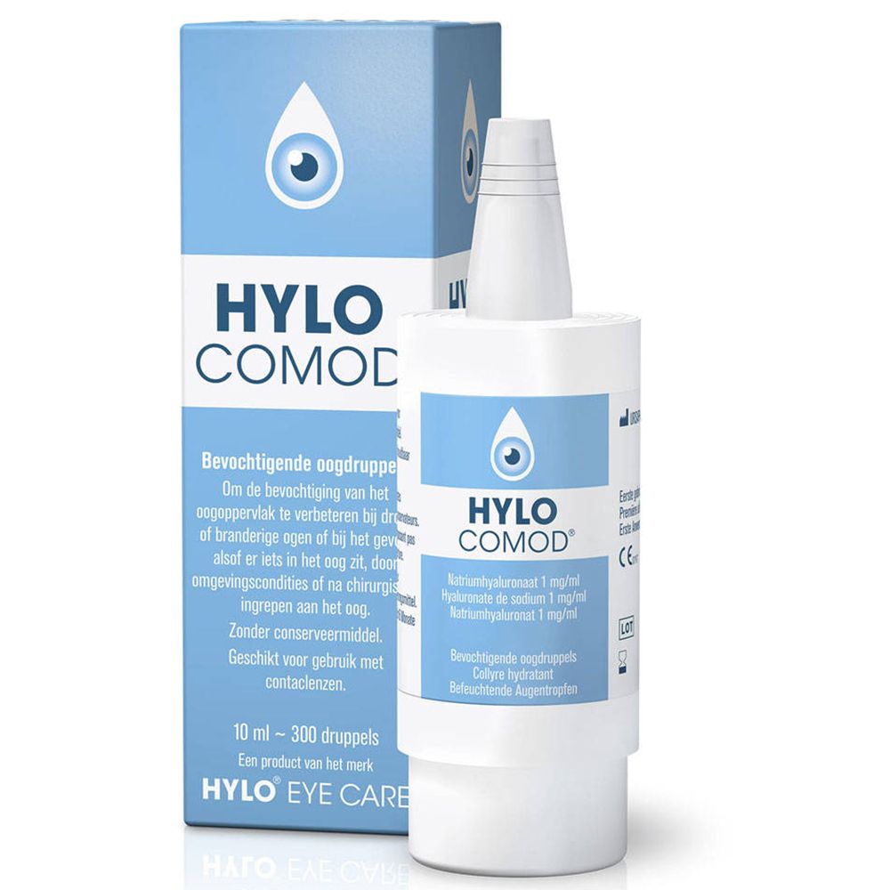 HYLO-COMOD® oogdruppels en verpakking. Witte fles, blauwe verpakking met productinfo en oogmotief.