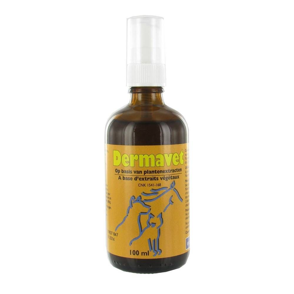 Flacon en verre brun avec vaporisateur. Étiquette avec nom du produit et illustrations d'animaux. Texte : "A base d'extraits végétaux".