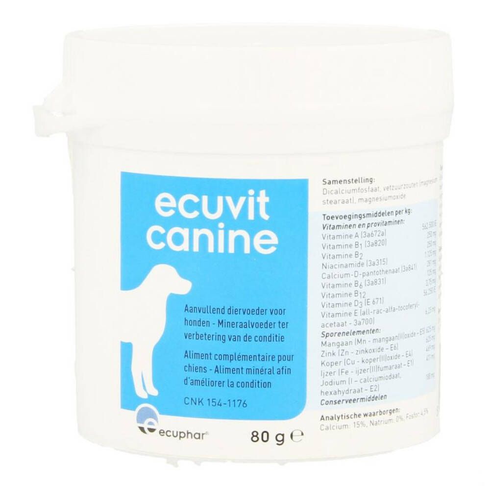 Seau blanc avec étiquette bleue. Inscription: Ecuvit Canine. Silhouette de chien. Texte en néerlandais et français. 80 g.