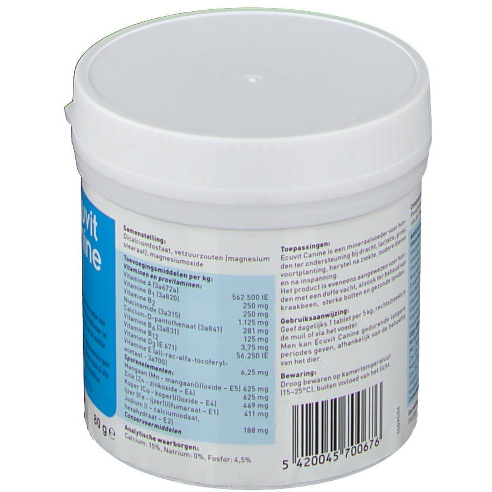 Récipient blanc avec couvercle. Inscription bleue avec ingrédients et instructions d'utilisation. Texte en néerlandais.