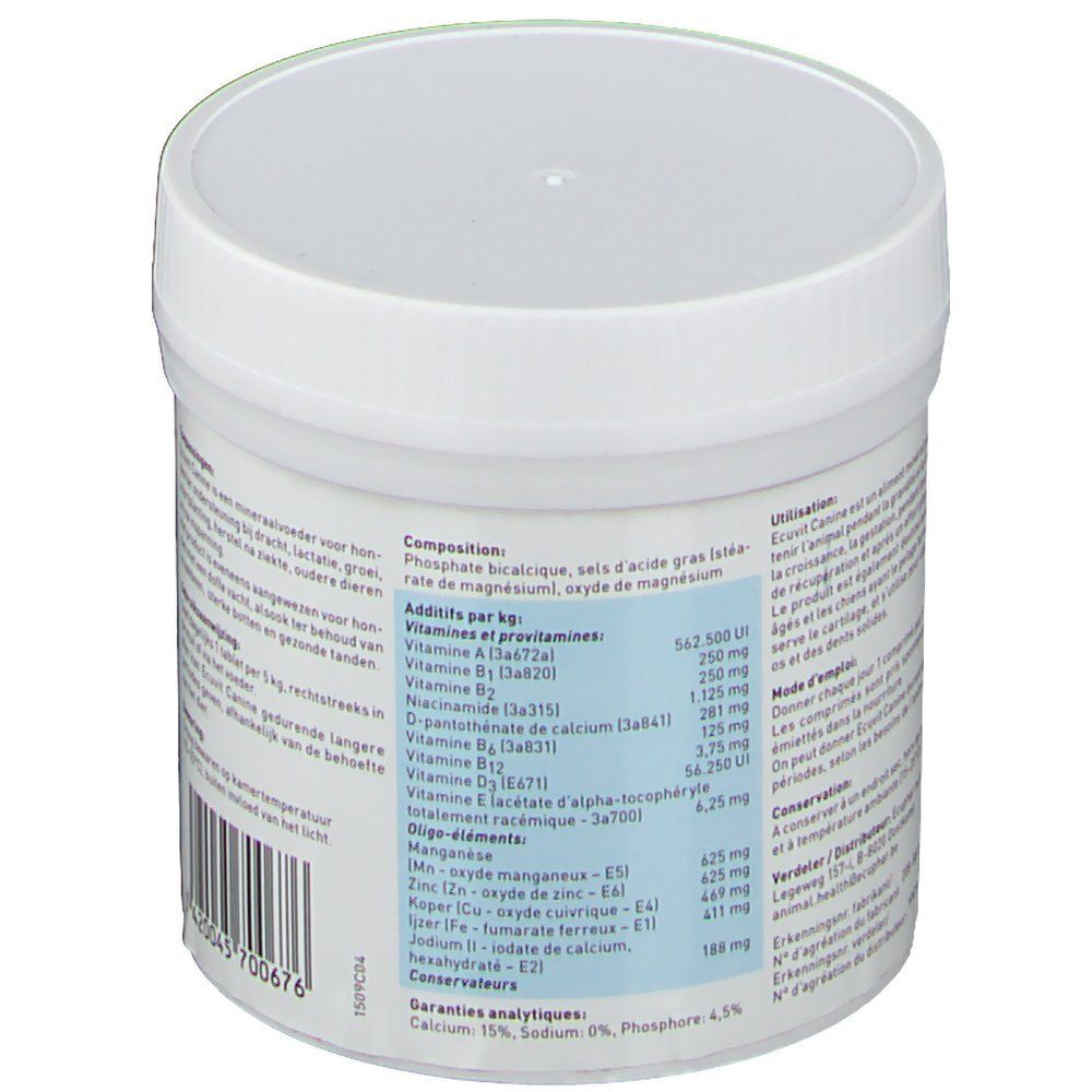 Récipient blanc avec couvercle. Inscription bleue avec ingrédients et instructions d'utilisation. Texte en néerlandais.
